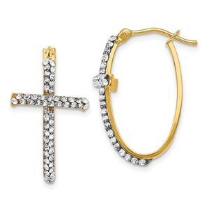 30mm (1 3/16 Inch) 14k Yellow Gold with White Crystal Cross Hoops